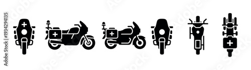 Emergency medical service motorcycles are presented in a collection of black silhouette icons from multiple perspectives.
