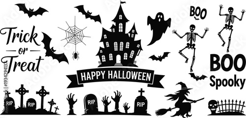 Halloween silhouette collection featuring haunted house, bats, cemetery gravestones, spooky ghosts, skeletons, witch on broomstick, and trick or treat typography, vector. (23 words)