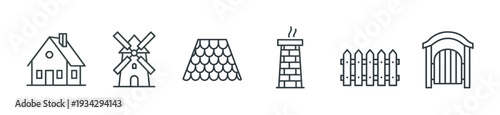 House windmill roof chimney fence gate icons represent various architectural and rural elements commonly found in residential and countryside settings.