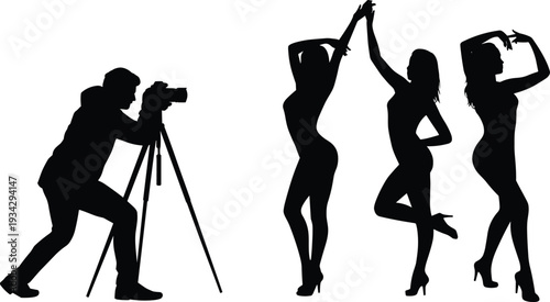 Black silhouette collection of professional photographer using a tripod to shoot three glamorous fashion models in expressive poses for beauty studio and media concepts.