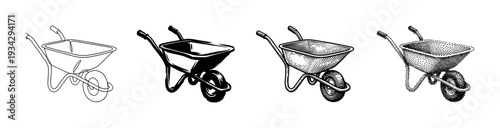 Collection of wheelbarrow illustrations in diverse artistic styles including line art, silhouette, engraving, and stipple art.