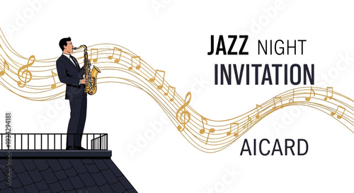 Saxophone Player on Rooftop with Jazz Music Notes - Invitation Design
