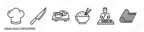 Sushi making and Japanese cuisine preparation tools are depicted as a collection of simple line art icons.