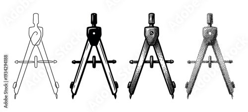 Four different styles of drawing compasses are presented in a vintage engraving illustration for design and educational purposes.