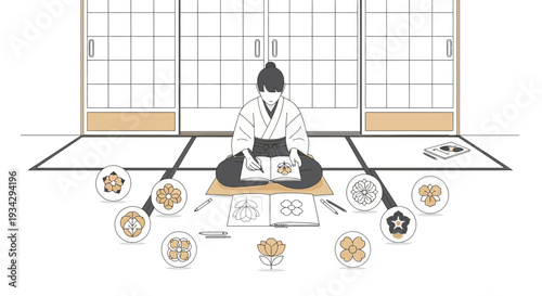 Samurai Artist Sketching Traditional Japanese Mon Crests in Tatami Room