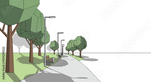 Flat 2D illustration of an empty urban city park pathway with trees and streetlights along a sidewalk in a modern setting.