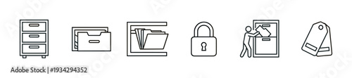 Office organization icons depicting filing, security, and data management concepts for business and personal record keeping.