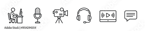 Digital content creation communication media icons representing various aspects of online work, streaming, and interaction.