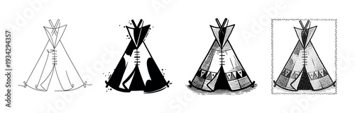 Teepee, a traditional tent, is illustrated in various black and white designs, from simple outlines to detailed textures.
