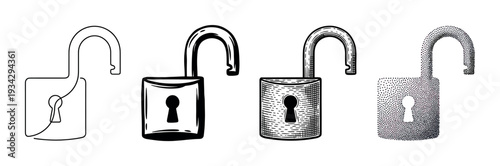 Four different styles of unlocked padlocks are displayed, representing concepts of security, access, and freedom in various artistic interpretations.