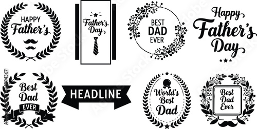 Vintage black and white badge set showing best dad ever wreath emblems with mustache ribbon hand lettering close up top view for fathers day celebration vector mockup