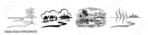 Desert oasis cityscapes illustrations in various artistic styles depicting travel, nature, and urban environments.