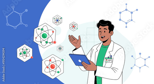 Scientist Explains Molecular Structure with Tablet, Chemistry Research