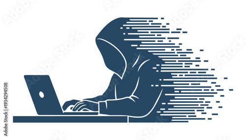 Hacker with laptop at night, cybercrime, data theft, digital privacy concept illustration