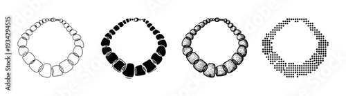 Four different styles of beaded necklaces are displayed in a graphic illustration featuring outline, solid, engraved, and dotted designs.