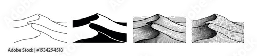 Sand dunes desert landscape illustration set in various artistic styles including outline, silhouette, hatching, and stippling techniques.