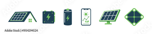 Solar energy icons illustrating various renewable power solutions, sustainable technology, and green electricity concepts.