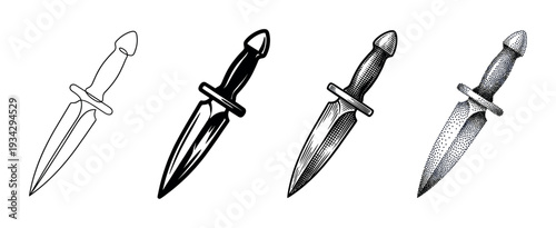 Dagger illustrations set featuring various artistic styles including outline, solid, hatched, and stippled designs.