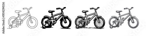 Four different styles of children's bicycle illustrations showcasing various artistic techniques from outline to stippling.