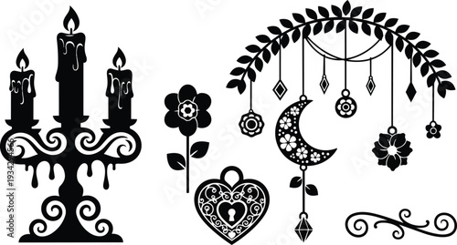Ornate gothic candelabra with three melting candles and closeup hanging crescent moon charm with floral heart locket on decorative leaf garland in black silhouette vector mockup