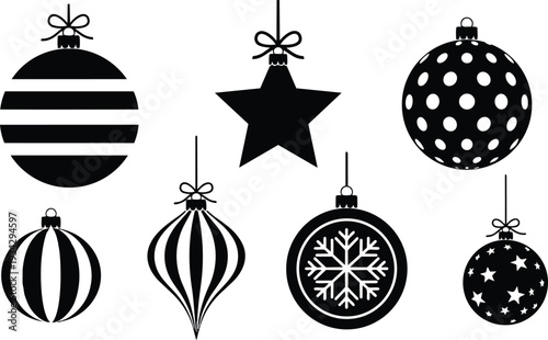 Flat vector close up of black hanging christmas baubles with star and snowflake motifs tied ribbon bows on white background top down composition minimal holiday decor studio lighting