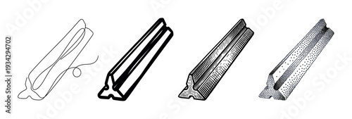 Triangular profile element vector illustration set in various artistic styles including continuous line, solid, hatched, and stippled.