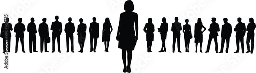Black silhouette of a professional female leader standing with a diverse corporate team for business management recruitment human resources and female empowerment concepts.