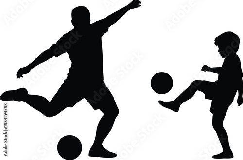 Black silhouette of an adult man and a young child playing soccer for physical fitness training childhood development and healthy active family lifestyle concepts.