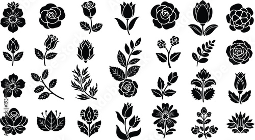 Minimal black floral icon set top view multiple rose tulip daisy lotus silhouettes arranged in neat grid for vector svg png mockup presentation with crisp contrast