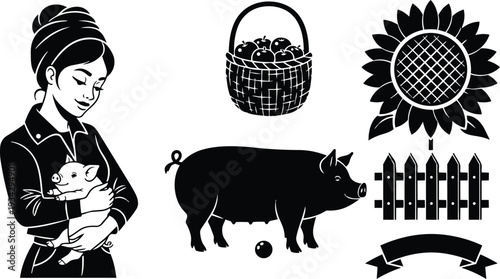 Silhouette stencil set showing woman cradling piglet close up with standing sow basket of apples sunflower and picket fence arranged as black vector farmhouse high contrast