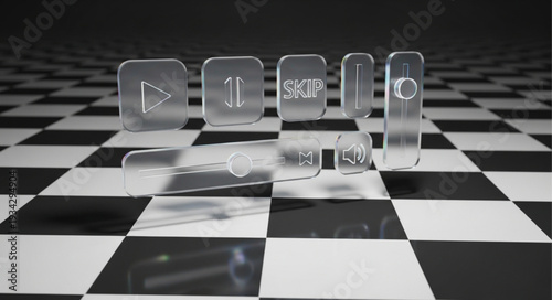 Transparent social media icons on a checkered surface.