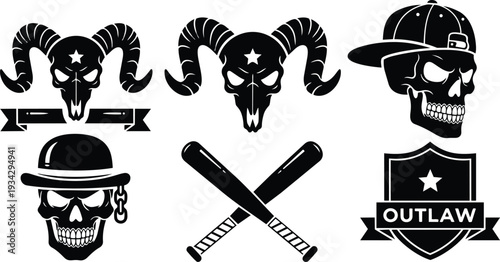 Grunge skull and ram horn emblem set with crossed bats and outlaw shield mockup in black silhouette close up vector icons for sticker or apparel design