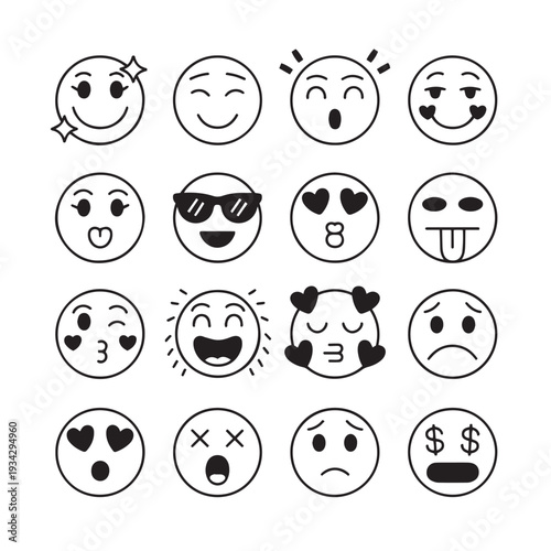 Set of cute black and white doodle outline emoticons, various facial expressions, funny emoji collection, vector illustration