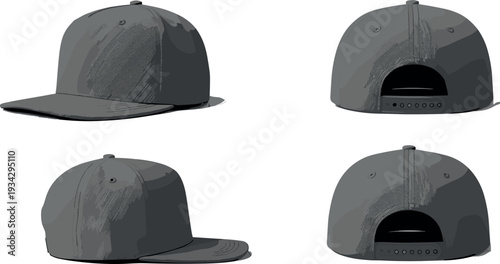 Blank Snapback Cap Vector Mockup Set Featuring Front and Back Views in Modern Monochrome Style