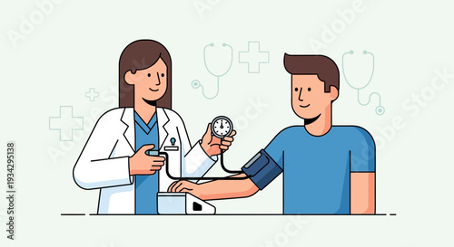 Doctor measuring patient's blood pressure with stethoscope and sphygmomanometer
