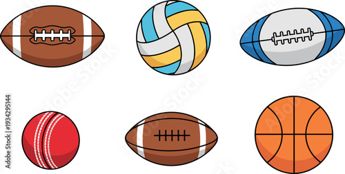 Sports Ball Vector Illustration Set Featuring Football, Volleyball, Rugby, Cricket and Basketball Isolated Design Collection