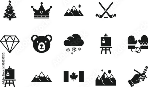 Winter and Canada Themed Icon Set with Nature and Sports Symbols
