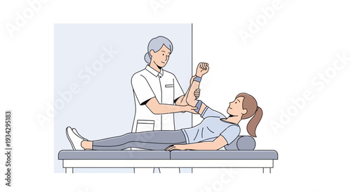 Physical therapist assisting patient with arm rehabilitation exercise on examination table