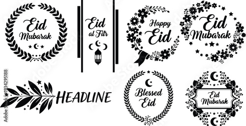Modern monochrome eid al fitr wreath collection showing floral laurel badges and crescent lantern emblems in close up top view for greeting card mockup vector printable
