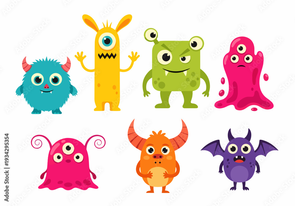 Naklejka premium Adorable cartoon monster set with big eyes ideal for nursery decorations