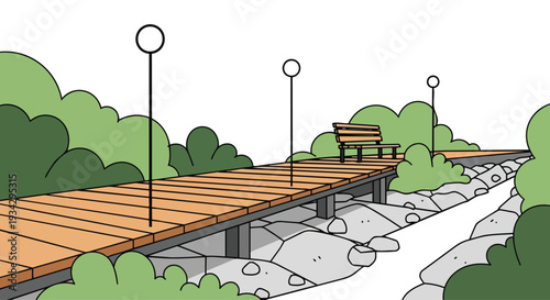 Flat 2D illustration of an empty urban city park with a wooden pathway and benches along a stream, surrounded by greenery.