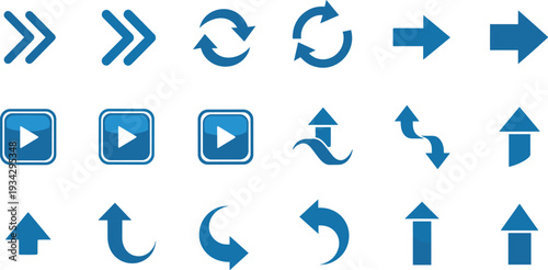 Blue Navigation Arrow and Media Control Icons Set Isolated on White Background Modern Directional Symbol Collection Vector Illustration