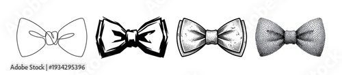 Four different bow ties are illustrated in various artistic styles, showcasing diverse design approaches.