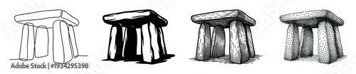 Ancient megalithic dolmen structures depicted in various artistic styles including continuous line, solid black, engraved, and stippled illustrations.