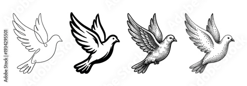 Four different artistic styles of flying doves illustration set representing hope, peace, and spirituality.