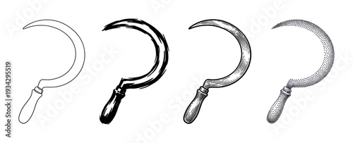 Four different sickles in various artistic styles, including outline, solid, engraved, and stipple dot techniques.