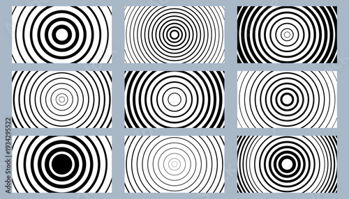Set of nine monochrome halftone concentric circle backgrounds for cards or digital assets. Abstract designs feature linear and ripple patterns. Ideal for sonar, radar, or sound wave signal icons.