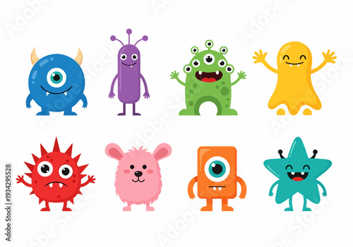 Red round alien character with antennas shining on green playful background.