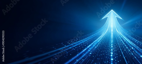 Blue arrow growth up concept. Success business investment target money return. Generative AI technology.
