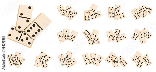 Set of domino tile clusters in various positions and number combinations. This vector collection features ivory-colored game pieces isolated on white, perfect for board game and strategy designs.